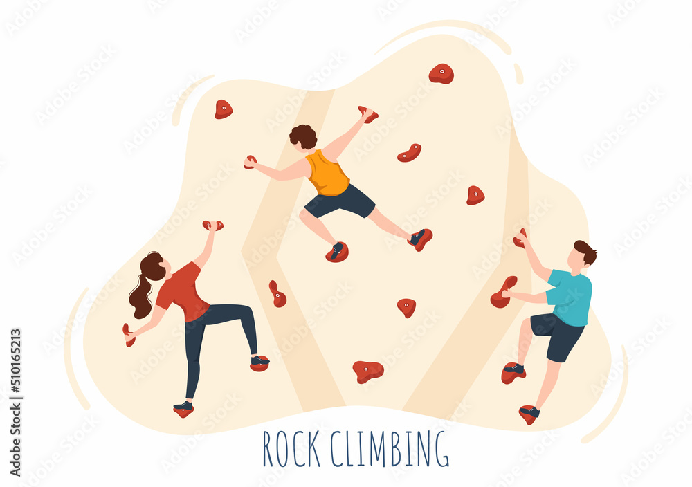 Obraz premium Rock Climbing with Climber Climbs Wall of Extreme Sportsmen and Sportswomen in Flat Cartoon background Illustration