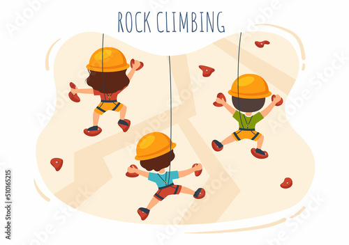 Rock Climbing with Climber Cute Kids Climbs Wall on Background Flat Cartoon Illustration