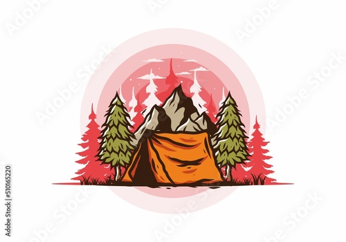 Camping tent in front of the mountain and between pine trees