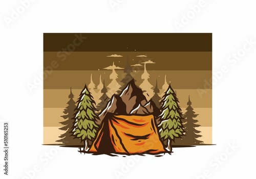 Camping tent in front of the mountain and between pine trees