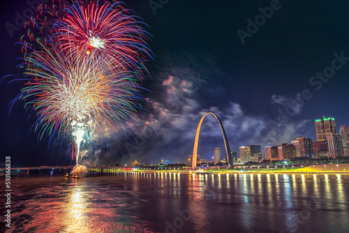 July 4th Fireworks over the Famous monument of Gateway Arch in Missouri with St Louis Skyline and Mississippi River, Missouri, USA