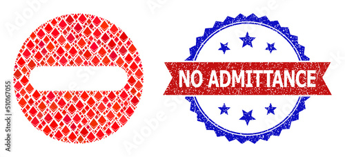 Vector jevel mosaic restricted icon, and bicolor grunge No Admittance seal stamp. Red round stamp has No Admittance title inside circle. Restricted mosaic is constructed with jevel items.