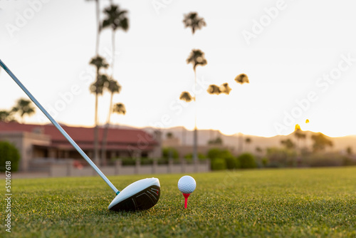 Golf ball on tee ready for tee off at golf course