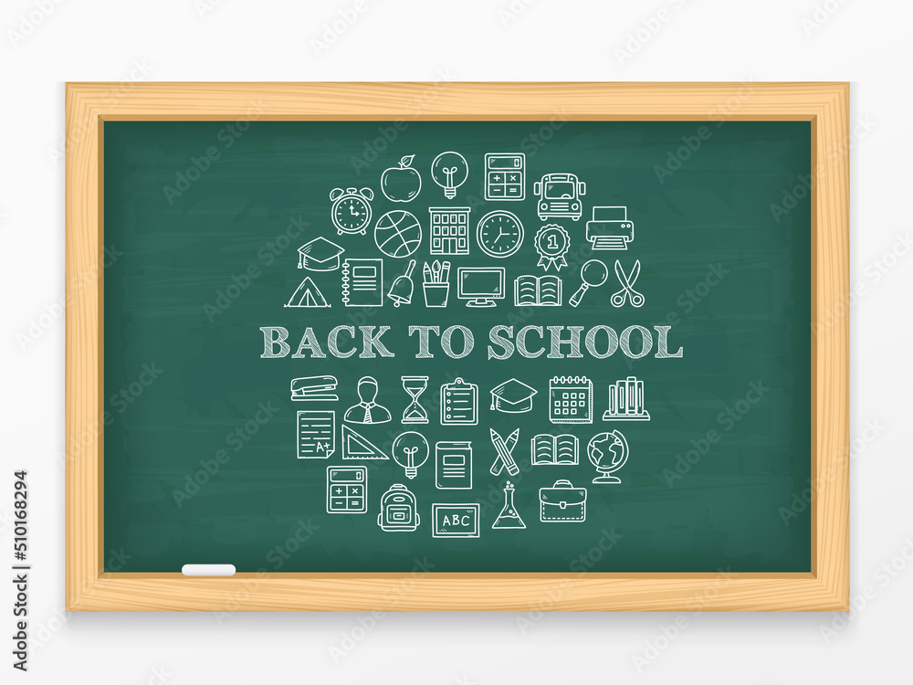 Back to school text and hand drawn icons on chalkboard Back to school text and hand drawn icons on chalkboard