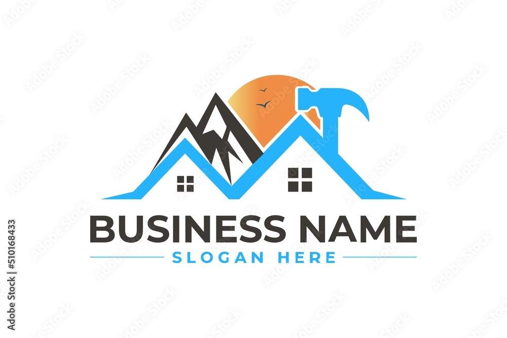 home repair with mountain and hammer, roofing, remodeling, handyman, home renovation, decor logo home repair with mountain and hammer, roofing, remodeling, handyman, home renovation, decor logo