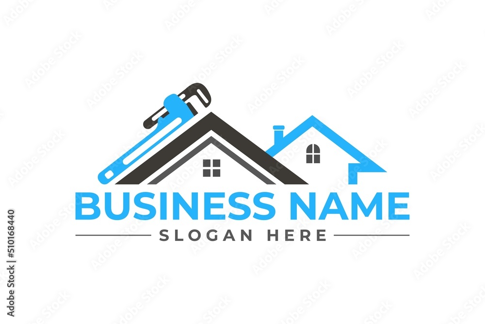 home repair with pipe wrench blue and gray color, roofing, remodeling, handyman, home renovation, decor logo home repair with pipe wrench blue and gray color, roofing, remodeling, handyman, home renovation, decor logo