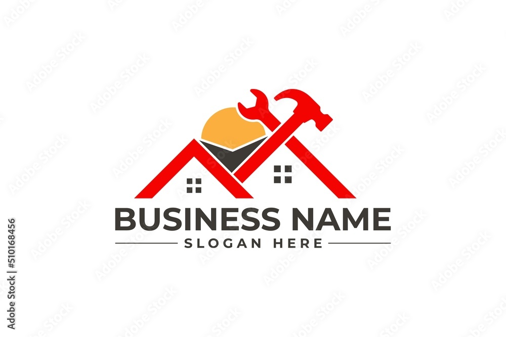 home repair with wrench and hammer, roofing, remodeling, handyman, home renovation, decor logo home repair with wrench and hammer, roofing, remodeling, handyman, home renovation, decor logo