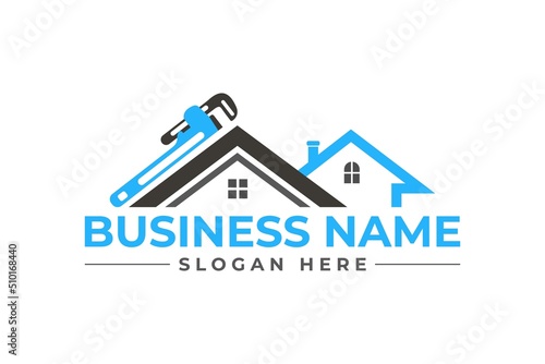 home repair with pipe wrench blue and gray color, roofing, remodeling, handyman, home renovation, decor logo	