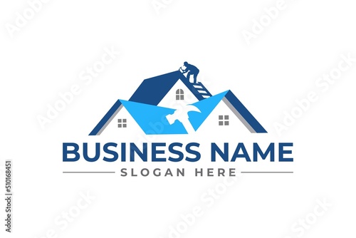 home repair with hammer ladder machanic, roofing, remodeling, handyman, home renovation, decor logo	