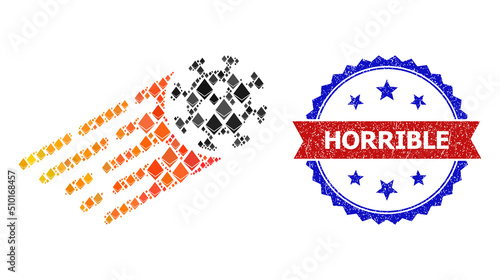 Vector crystal collage rush virus icon, and bicolor scratched Horrible seal. Red round seal includes Horrible tag inside circle. Rush virus mosaic is designed of ethereum elements.