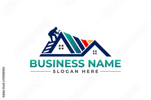 home repair with mechanic hammer ladder , roofing, remodeling, handyman, home renovation, decor logo	
