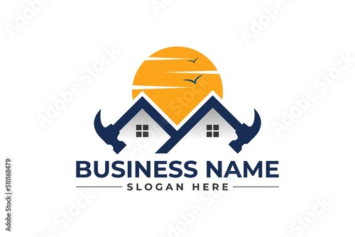 home repair with hammer, roofing, remodeling, handyman, home renovation, decor logo	