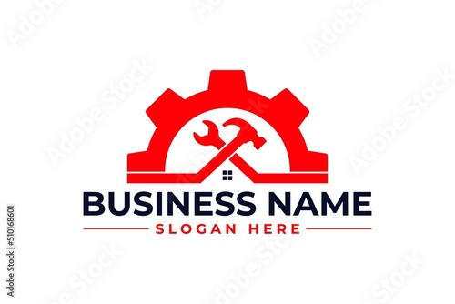 home repair logo with gear hammer and wrench , roofing, remodeling, handyman, home renovation, decor logo	