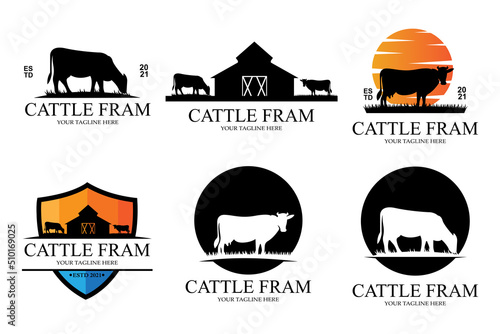 Angus Grass Cow Castle Logo Icon Vector with Shield Premium Quality