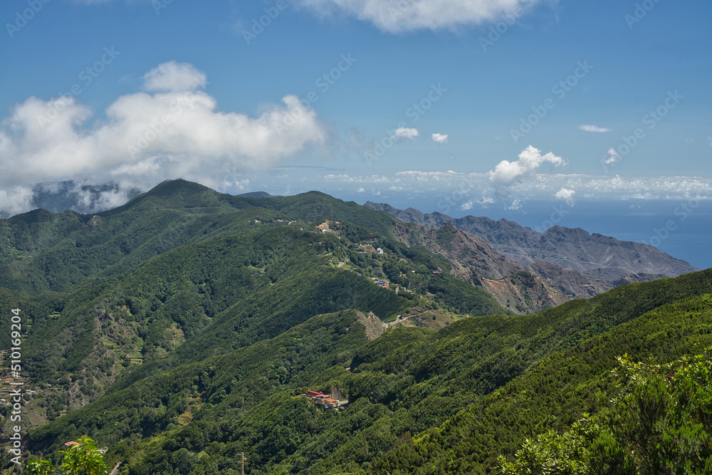 Spectacular landscape from the Pico del Inglés viewpoint in the Anaga Rural Park in Tenerife, Canary Islands, Spain. Mountainous landscape full of colorful vegetation