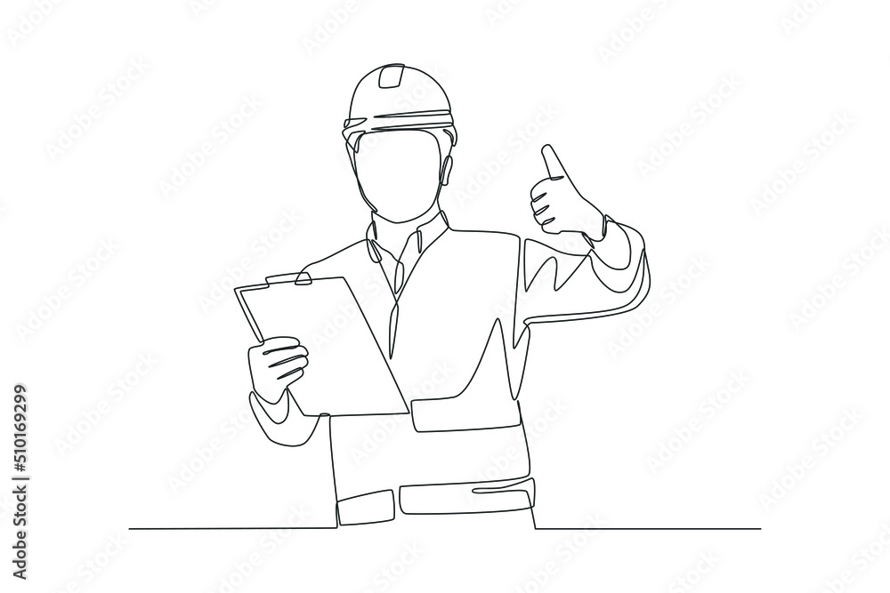 Continuous one line drawing construction worker using helmet and showing thumbs up outdoors. Road and building construction concept. Single line draw design vector graphic illustration.