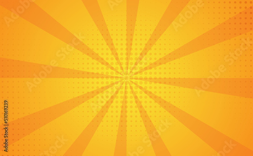 Pop art comic yellow retro halftone dots and radial sunburst background. Template for presentation, social media, creative studio, mockup