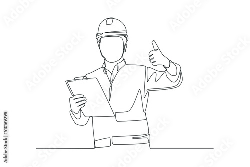 Continuous one line drawing construction worker using helmet and showing thumbs up outdoors. Road and building construction concept. Single line draw design vector graphic illustration.