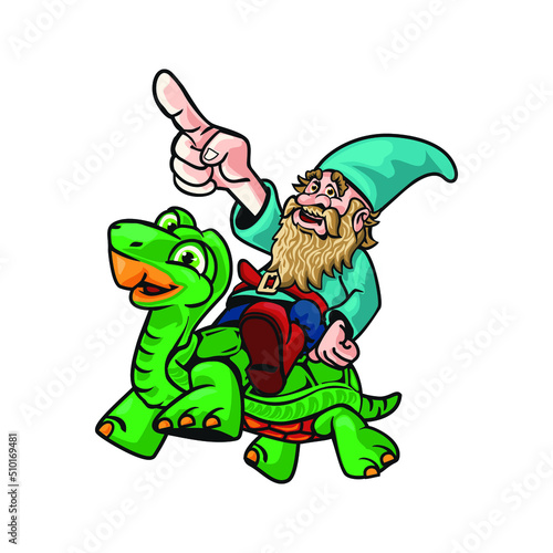 Funny Cute Gnome Riding Turtle Cartoon