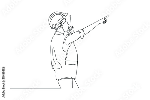Continuous one line drawing engineer wears a uniform, wears a protective helmet, a walkie-talkie for communication. Road and building construction concept. Single line draw design vector illustration.
