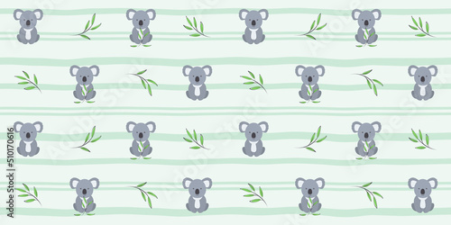 Cute koala with eucalyptus twigs on a green striped background. Endless texture with adorable Australian animal. Vector seamless pattern for wrapping paper, surface texture, cover, printing on clothes