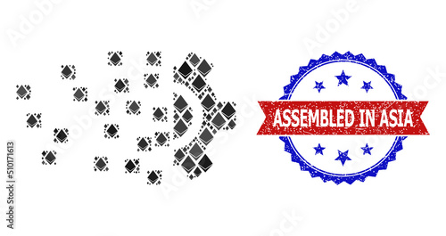 Vector ethereum mosaic synthesis gear icon, and bicolor unclean Assembled in Asia stamp. Red round stamp seal includes Assembled in Asia text inside circle.