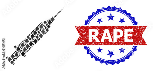 Vector gemstone collage syringe icon, and bicolor textured Rape seal stamp. Red round stamp seal has Rape title inside circle. Syringe collage is formed from diamond elements.