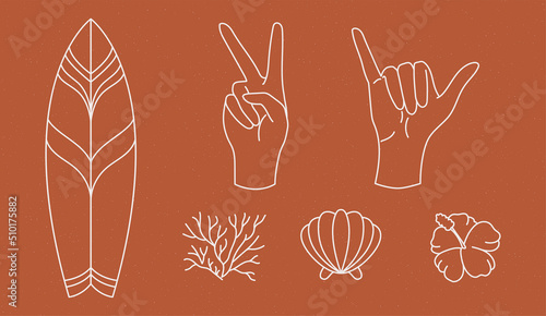 Summer icons set with surfboards, palm leaves, corrals and seashells. Cute sea, ocean and brown background with sand.