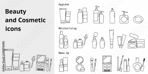 Set of Hygiene, Skincare and Make-up products icon. Beauty and Cosmetic concept line icons collection. Vector illustration.
