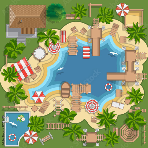 Place for rest. Lake. Infrastructure. View from above. Vector illustration. 