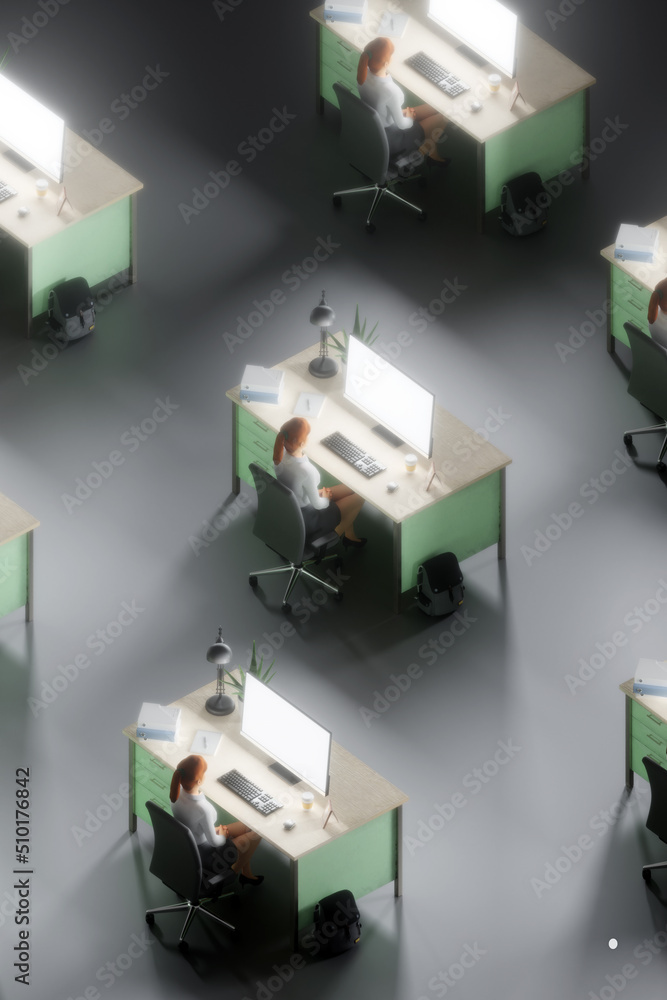 3D work concept - woman on desk looking at computer screen 3D work concept - woman on desk looking at computer screen