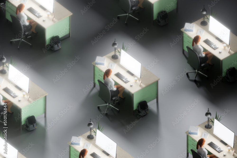 3D work concept - woman on desk looking at computer screen 3D work concept - woman on desk looking at computer screen