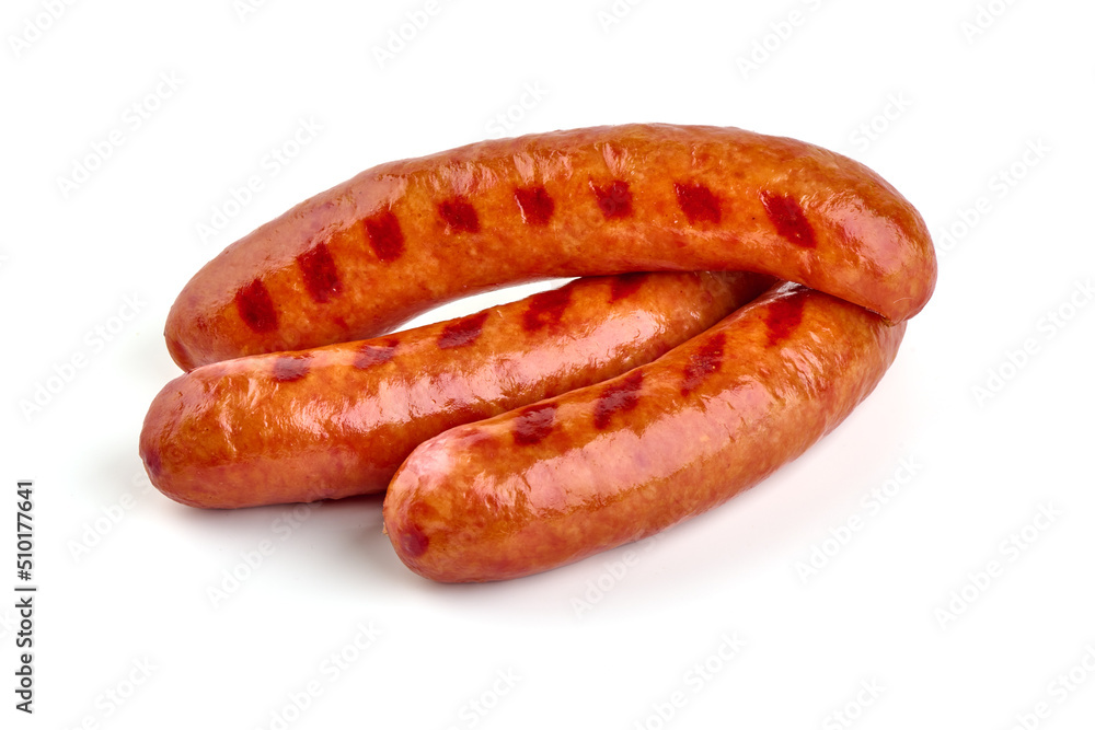 Grilled pork sausages, isolated on white background. Grilled pork sausages, isolated on white background.