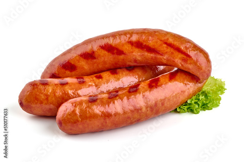 Grilled bratwurst sausages, isolated on white background.