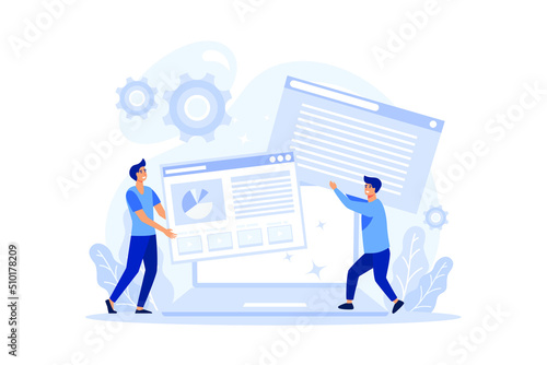 Layout designer. Magazine or newspaper layout developing, typesetting of text. Mobile app and website design and optimization. flat design modern illustration