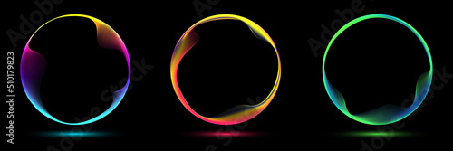 Fototapeta Set of glowing neon color circles round curve shape with wavy dynamic lines