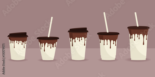 Coffee cups set, icing, delicious coffee paper cup icon. Drinks vector illustration design.