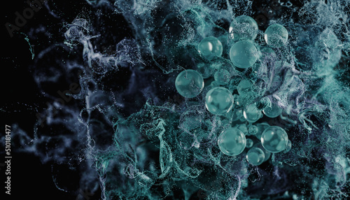 Abstract 3D Rendering of Flying Spheres 