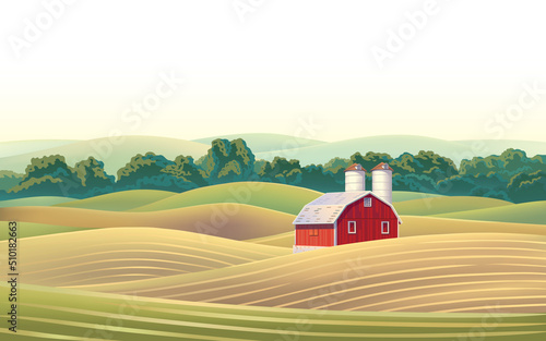 Rural landscape with a farm and agricultural fields. Vector illustration.