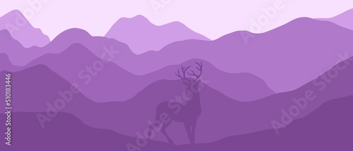 Amazing minimalist landscape with reindeer. Stunning views of the mountains. Deer in the mountains. Landscape with mountains and deer. Beautiful background with mountains and deer in minimalist style. © Elizaveta