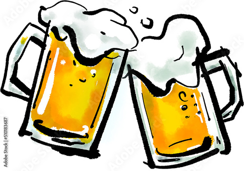 乾杯！「ビール」の手書きイラスト（筆書き墨絵風）