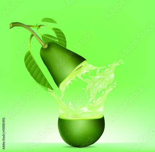 Sliced avocado with splashes of juice close-up, isolated on a green background