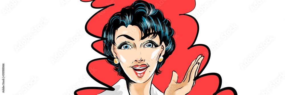 60年代レトロアメコミ青い髪の美熟女が指をさして大袈裟な宣伝をするイラスト 60年代レトロアメコミ青い髪の美熟女が指をさして大袈裟な宣伝をするイラスト