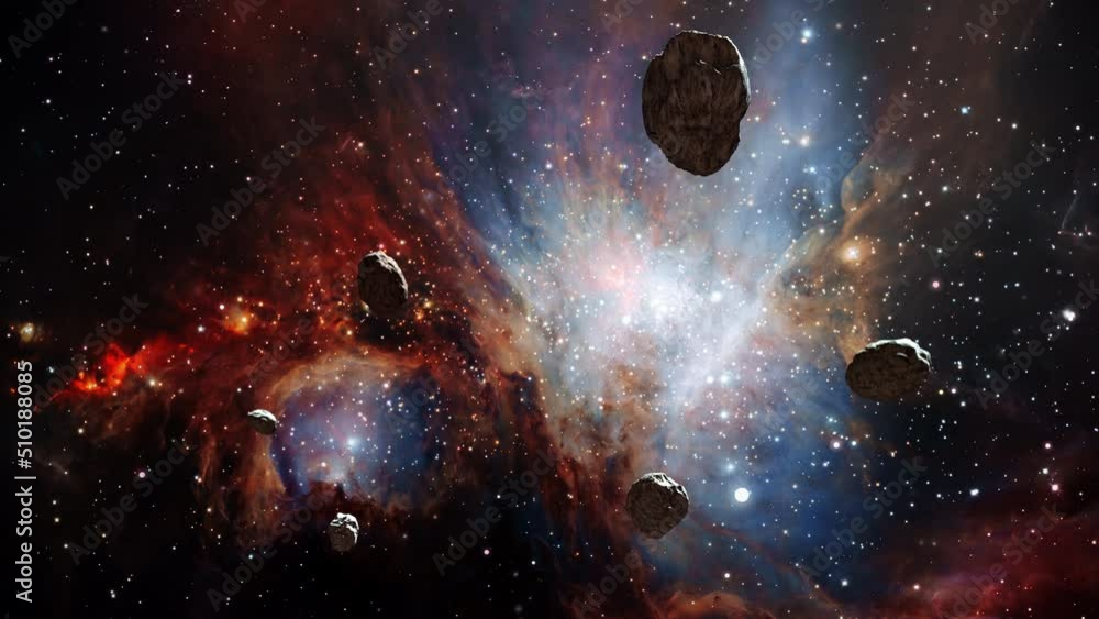 Space scence abstract space rocks in orion nebula galaxy space . 4K looping animation of flying through glowing nebulae, clouds and stars field. 