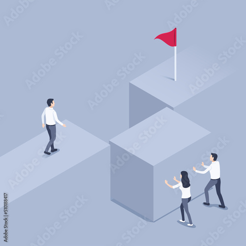 isometric vector illustration on a gray background, a man in business clothes walks along a path with a cliff to the flag, woman and man slide large cube or bridge, help to achieve the goal