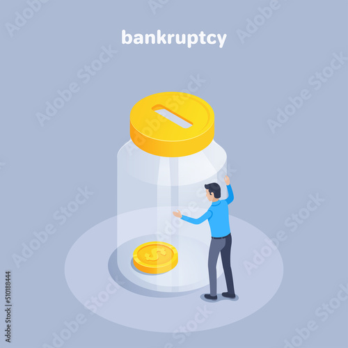 isometric vector illustration on a gray background, a man in business clothes looks hopelessly into a glass jar with a gold coin, bankruptcy or an empty piggy bank
