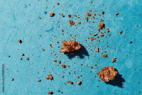 pieces and crumbs of a brown bread bun photo