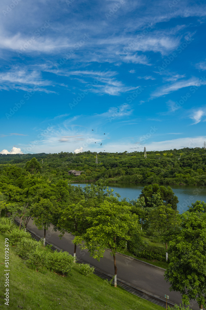 At dusk on a sunny day, Qingxiu mountain scenic spot in Nanning, Guangxi