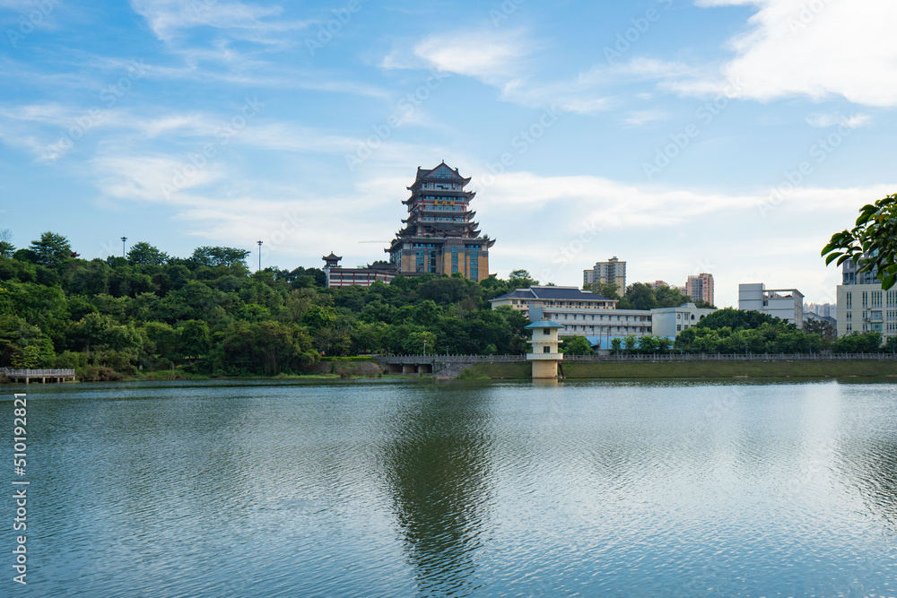 At dusk on a sunny day, Qingxiu mountain scenic spot in Nanning, Guangxi At dusk on a sunny day, Qingxiu mountain scenic spot in Nanning, Guangxi