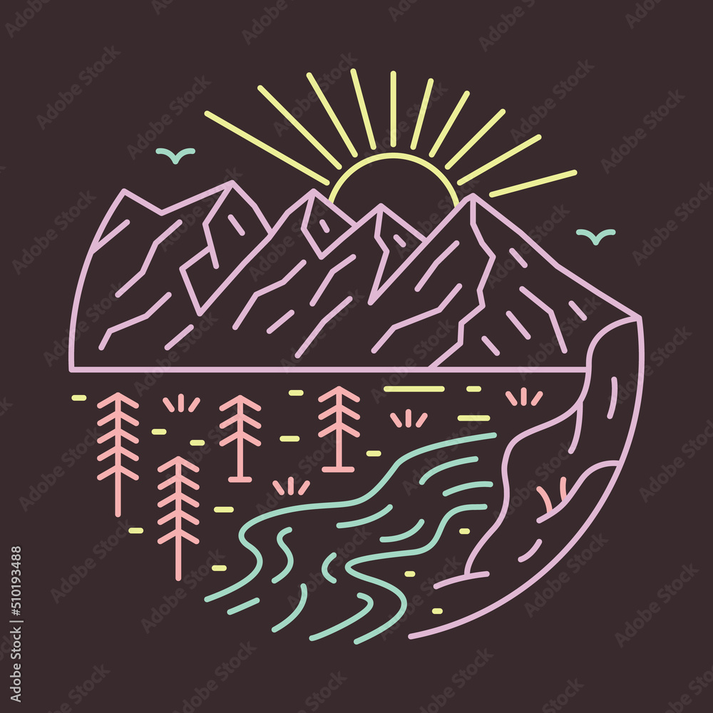 Nature with good view of mountains, river, and sunrise graphic illustration vector art t-shirt design